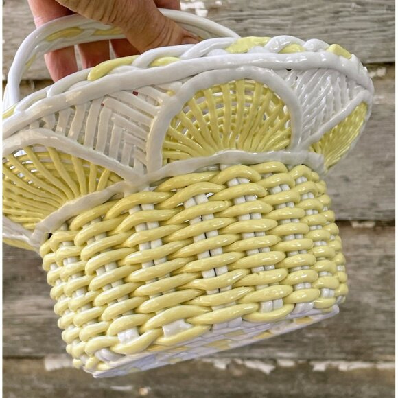 Vintage 1950s Porcelain Openwork Wicker Style Basket Yellow White - Picture 4 of 14